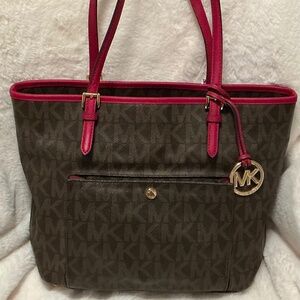 Michael Kors Jet Set Signature Snap Pocket Tote-Brown and Red